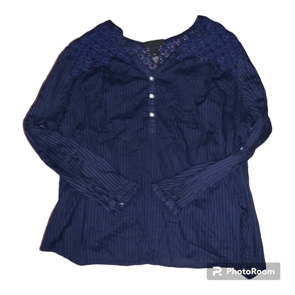 Lane Bryant size 20W 2X 1X blue eyelet blouse striped roll tab sleeves prairie